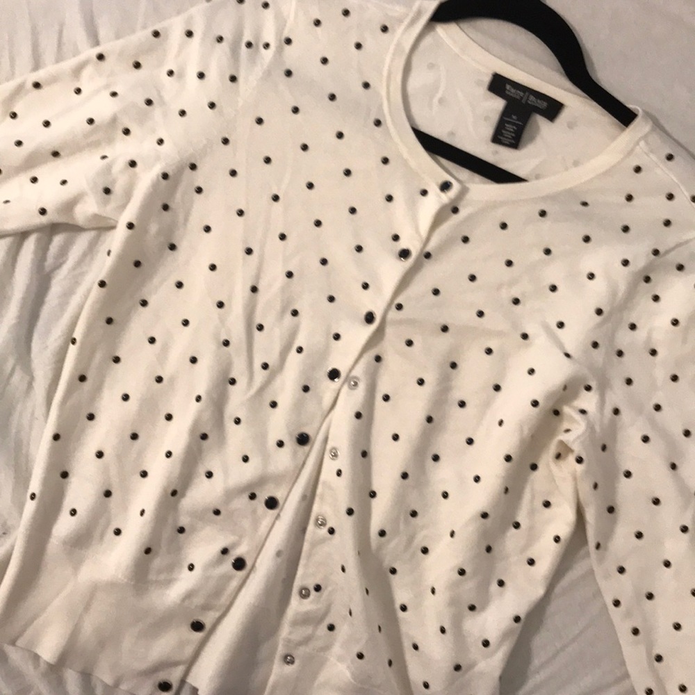 Cream cardigan with snap buttons and polka dots